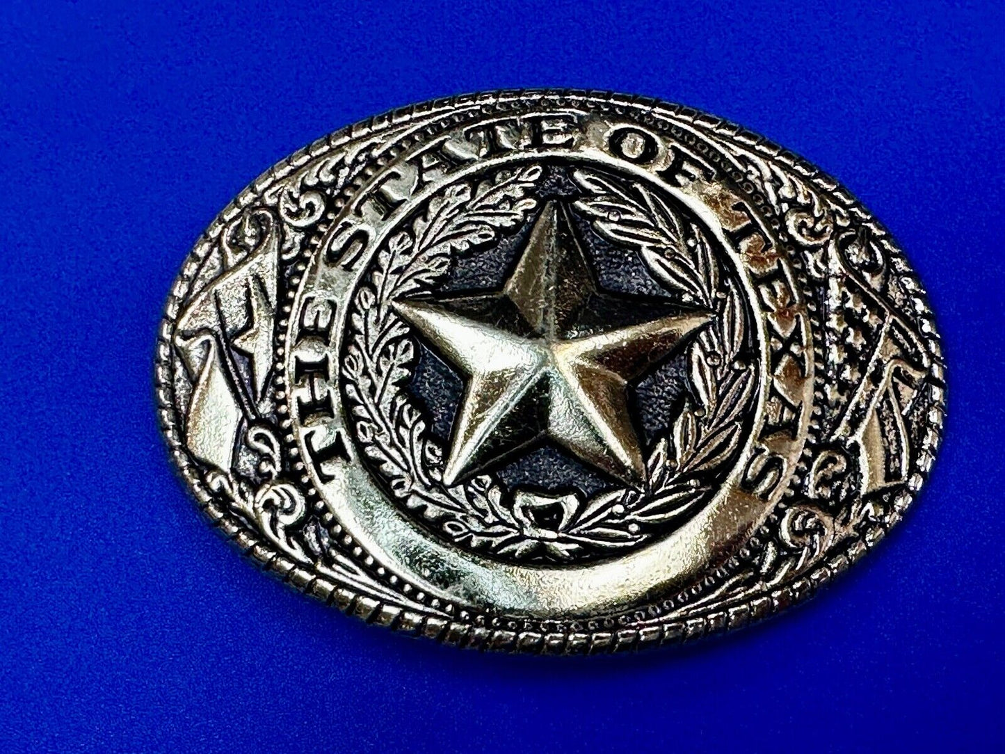 The Great State of Texas Star & Flag western USA made Gold & Black Belt Buckle