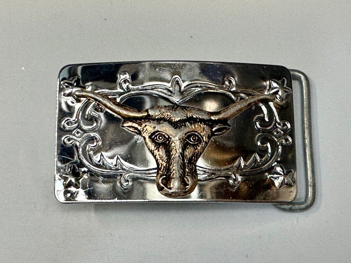 Texas Longhorn Cow Steer on Vintage two tone reflective western Belt Buckle