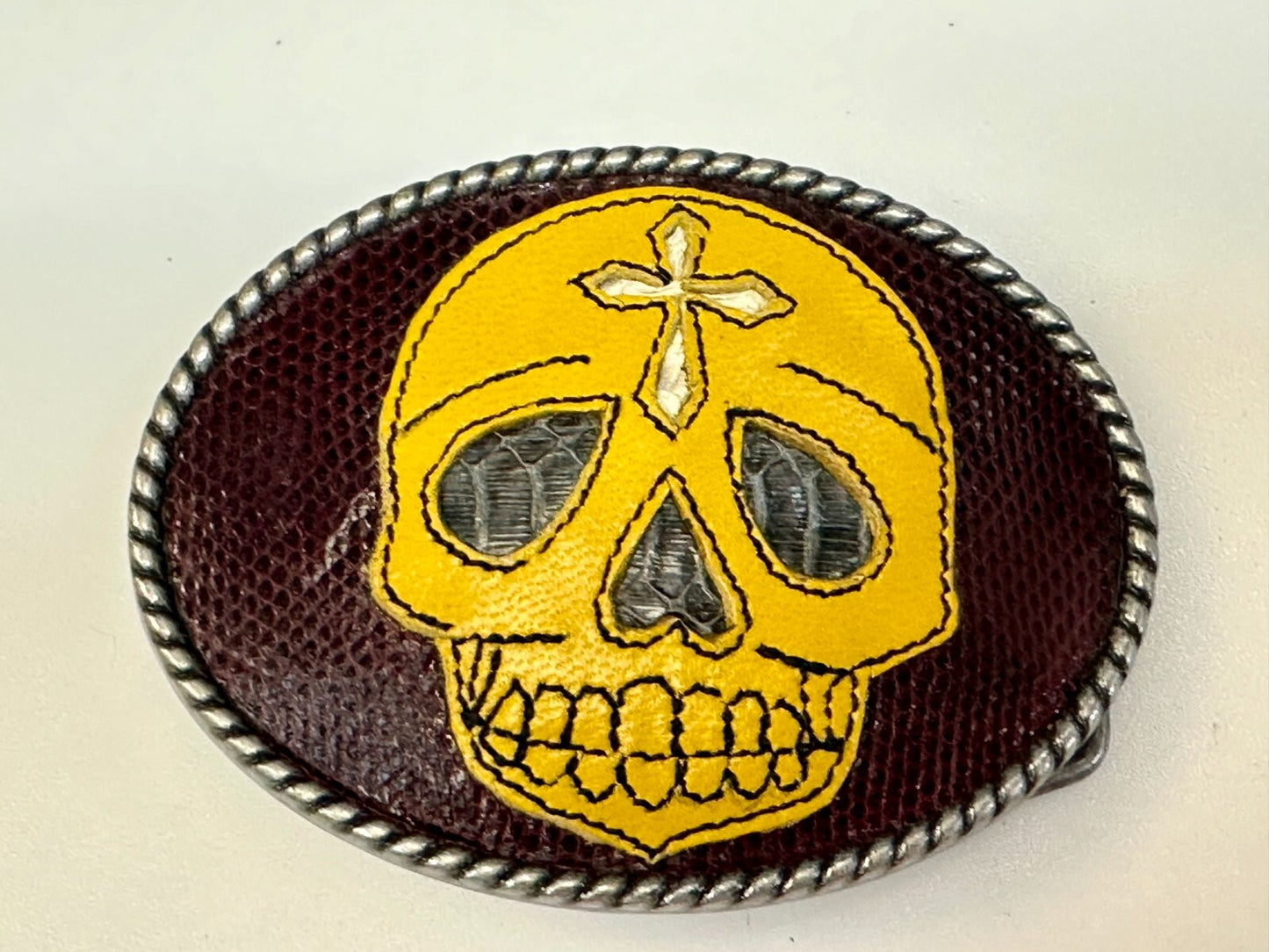 Aztec Skull Head Cross Leather Mexican Mexico Day Of The Dead Ivan Belt Buckle