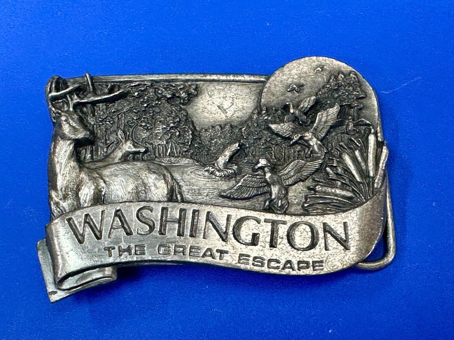 VINTAGE 1984 **WASHINGTON** THE GREAT ESCAPE PEWTER BELT BUCKLE BY BERGAMOT