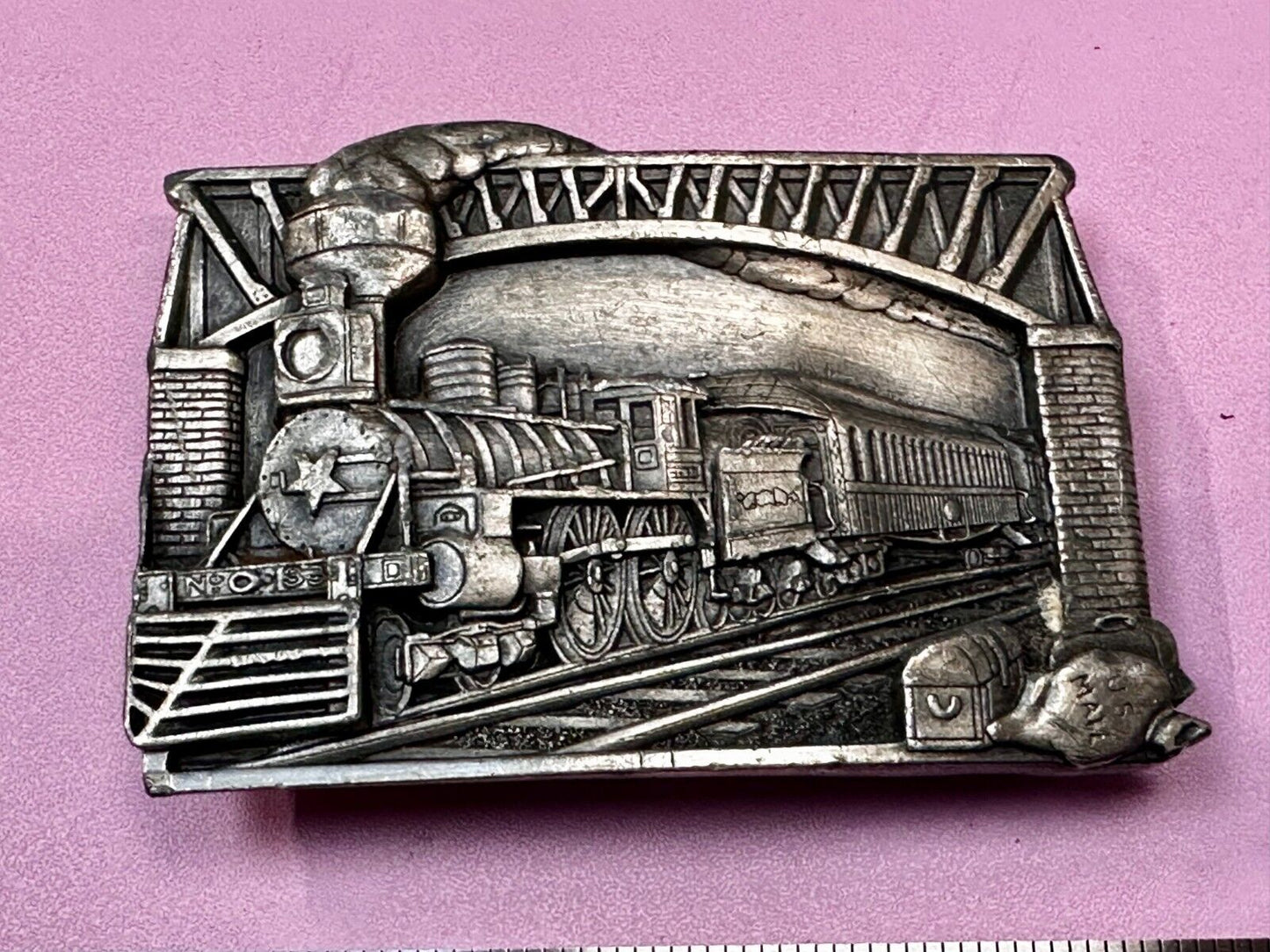 Train Steam Engine Over Bridge RailRoad RR Vintage 1980's Bergamot Belt Buckle