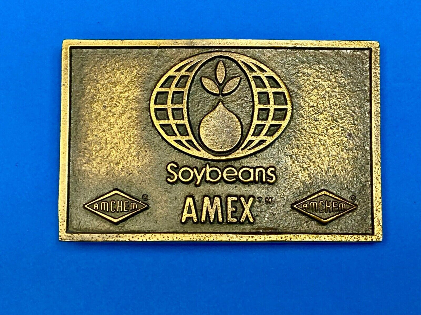 VINTAGE 1970s **SOYBEANS AMEX AMCHEM** AGRICULTURE FARMING BELT BUCKLE