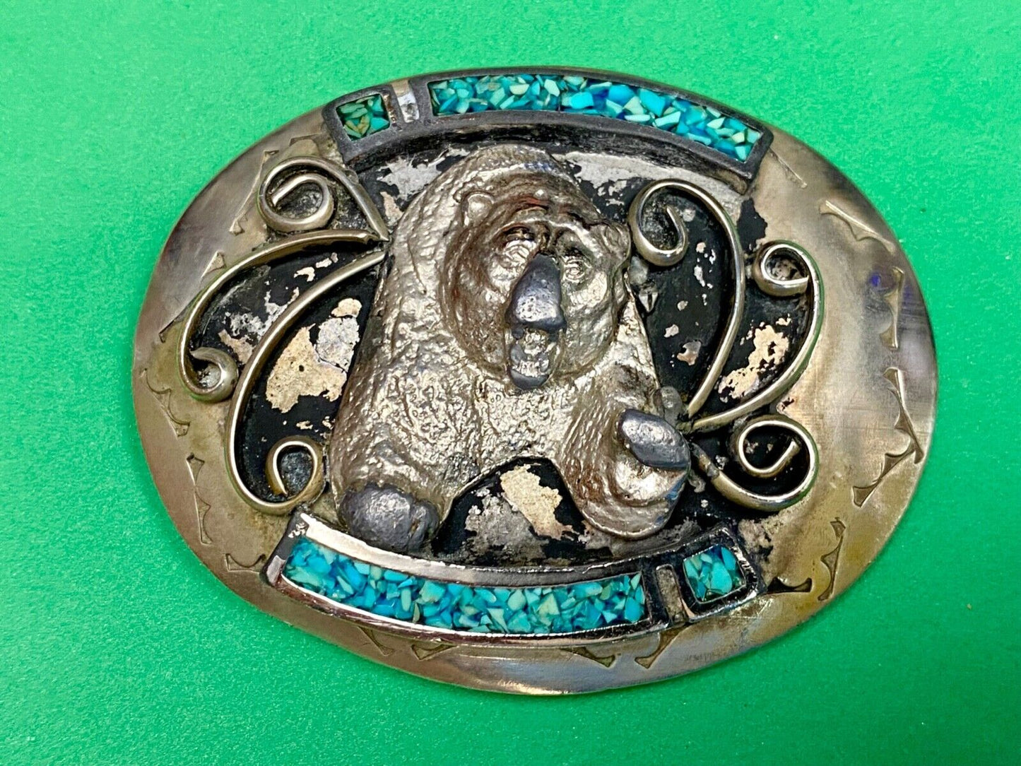 Bear Coming At You! Crushed Turquoise Belt Buckle - Hallmarked Nc? Navajo?