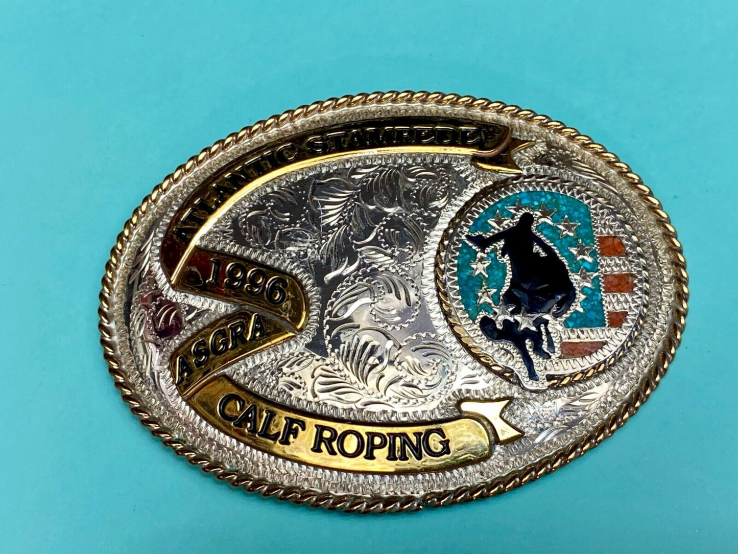 1996 ASGRA Calf Roping Atlantic Stampede turquoise coral belt buckle - JACKSON
