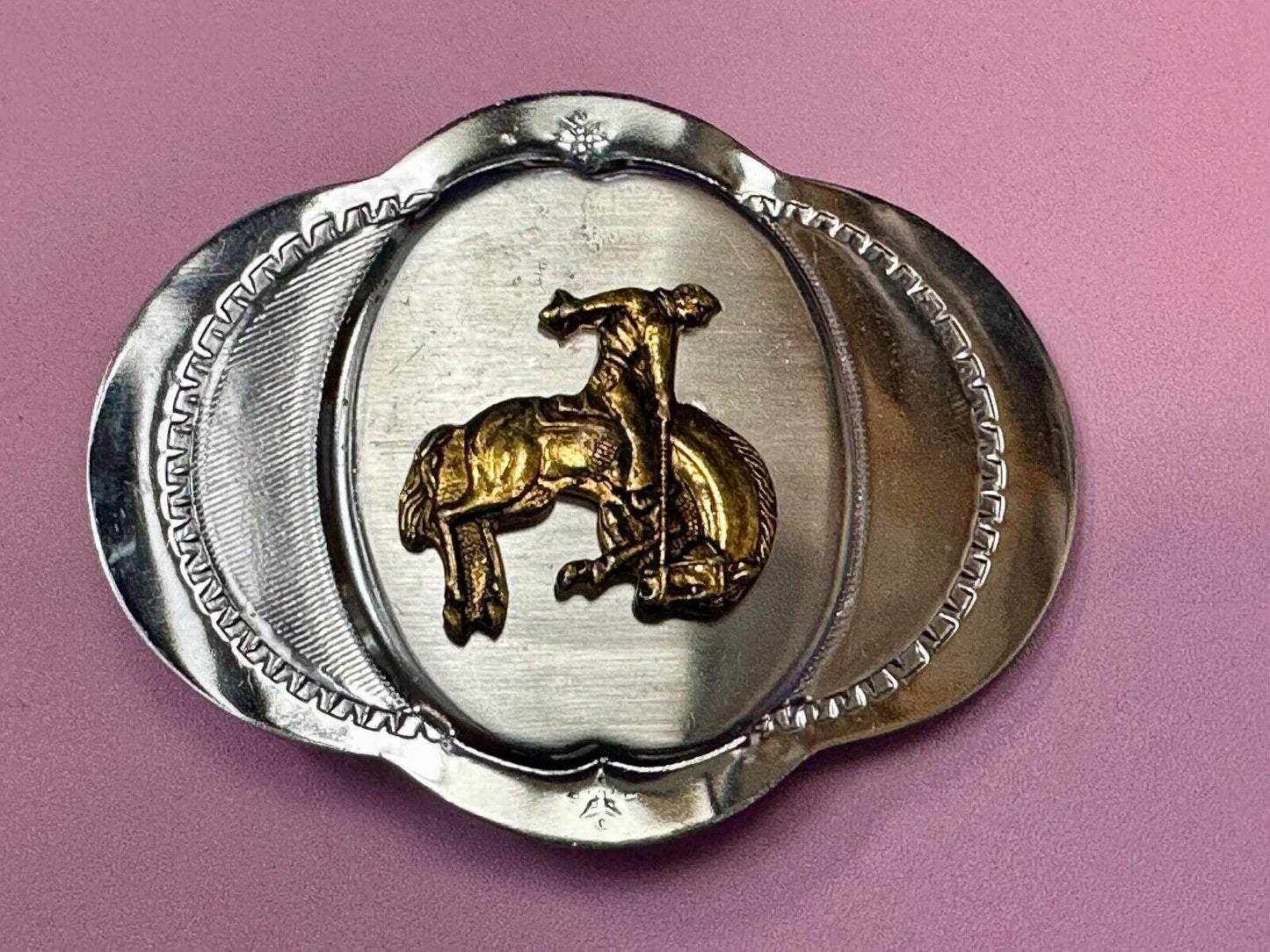 Vintage Cowboy Saddle Bronc western two tone unique shaped belt buckle