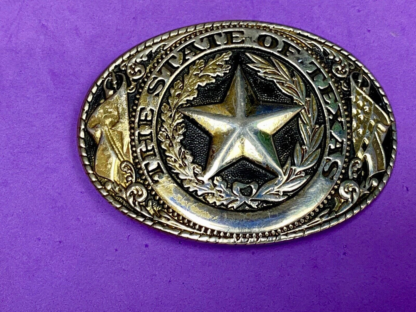 The Great State Of Texas Star & Olive Branch Western Oval Belt Buckle Stamped W