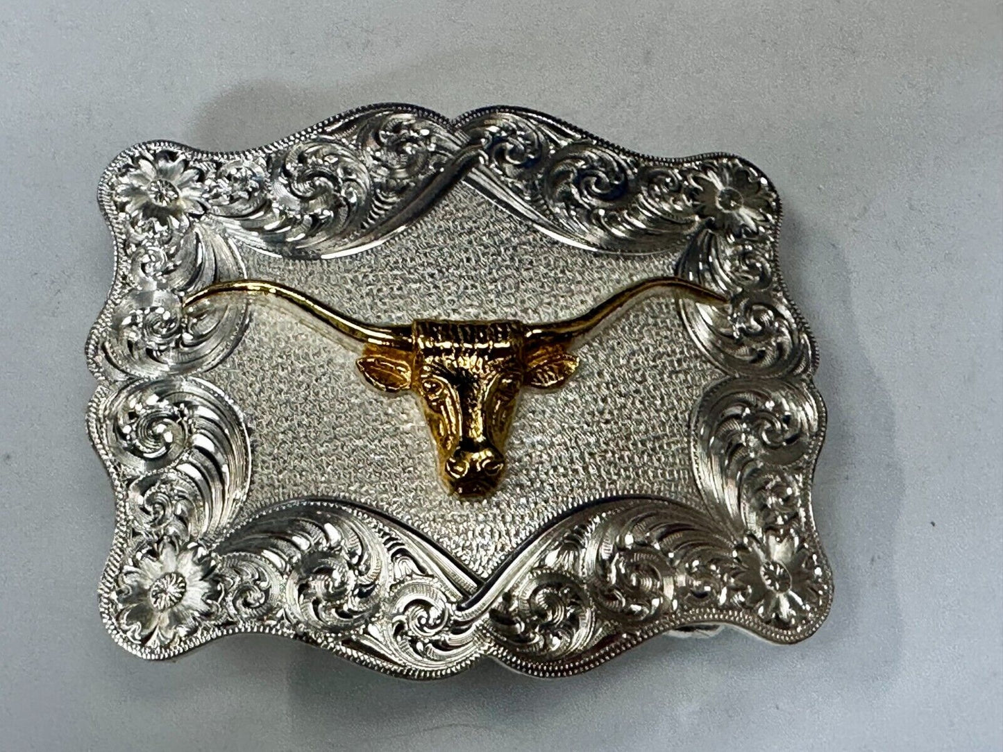 Texas Longhorn Steer Rodeo Bull Two Tone Belt Buckle by Montana Silversmiths