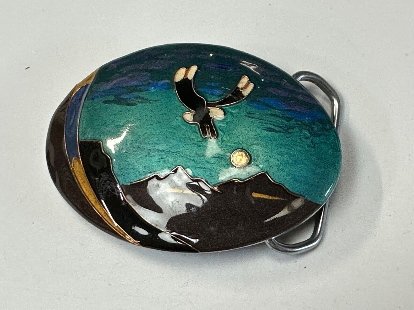 Beautiful flying eagle painting art raised oval belt buckle artist signed LITT