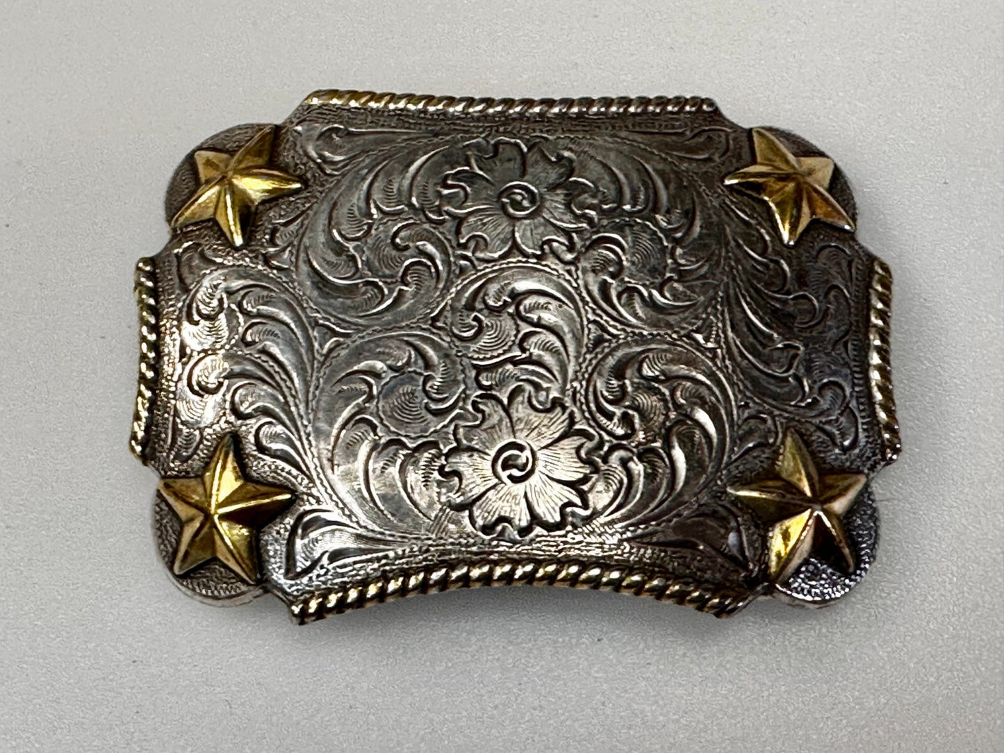 Texas Lone Star Corners Flower Swirl Ornate Western Two Tone Belt Buckle