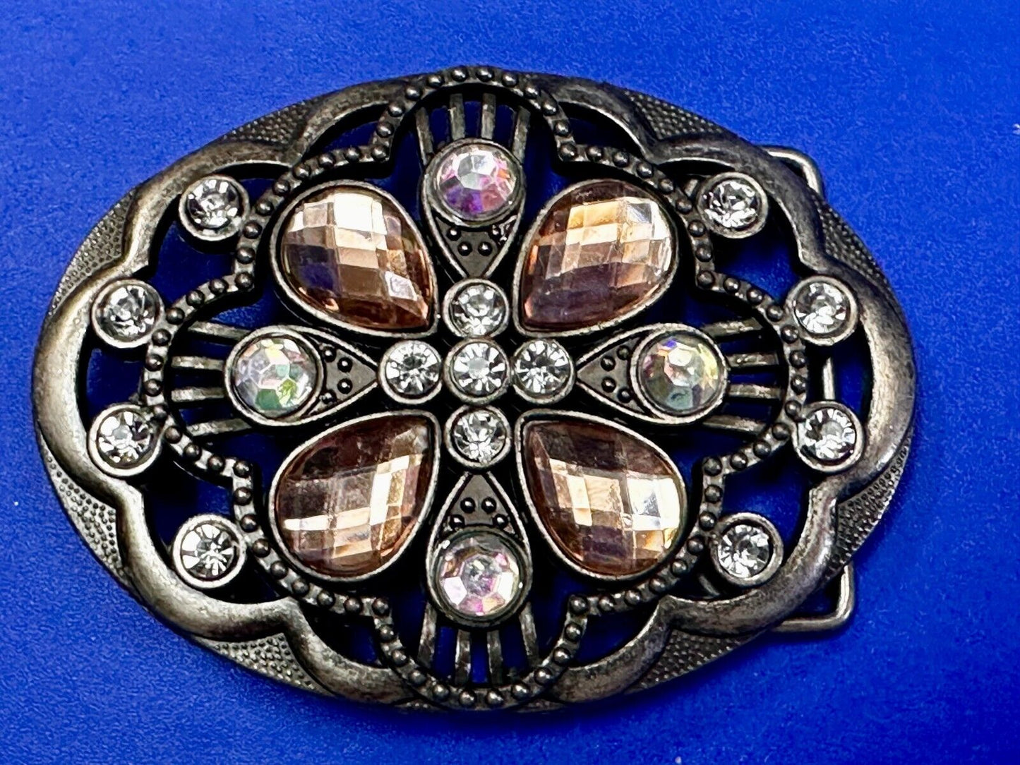 Beautiful Floral Design Silver Tone Metal W/ Rhinestones See Through Belt Buckle