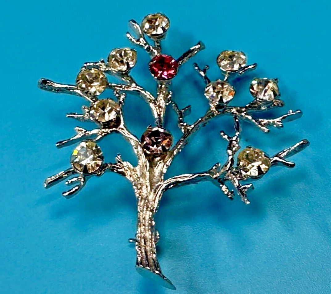 Tree Of Life Rhinestone Accented Vtg. 925 Sterling Silver Brooch - See Hallmark