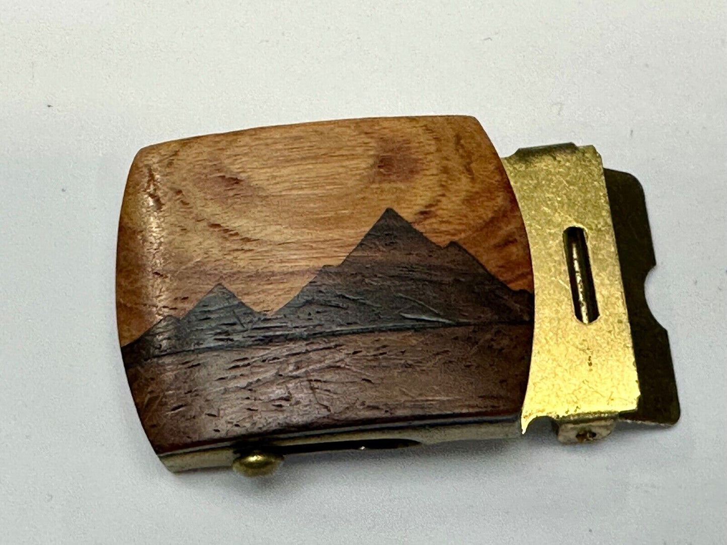 Artisan Mountain scene - Mixed Wood Top Solid Brass Ratchet Dress Belt Buckle