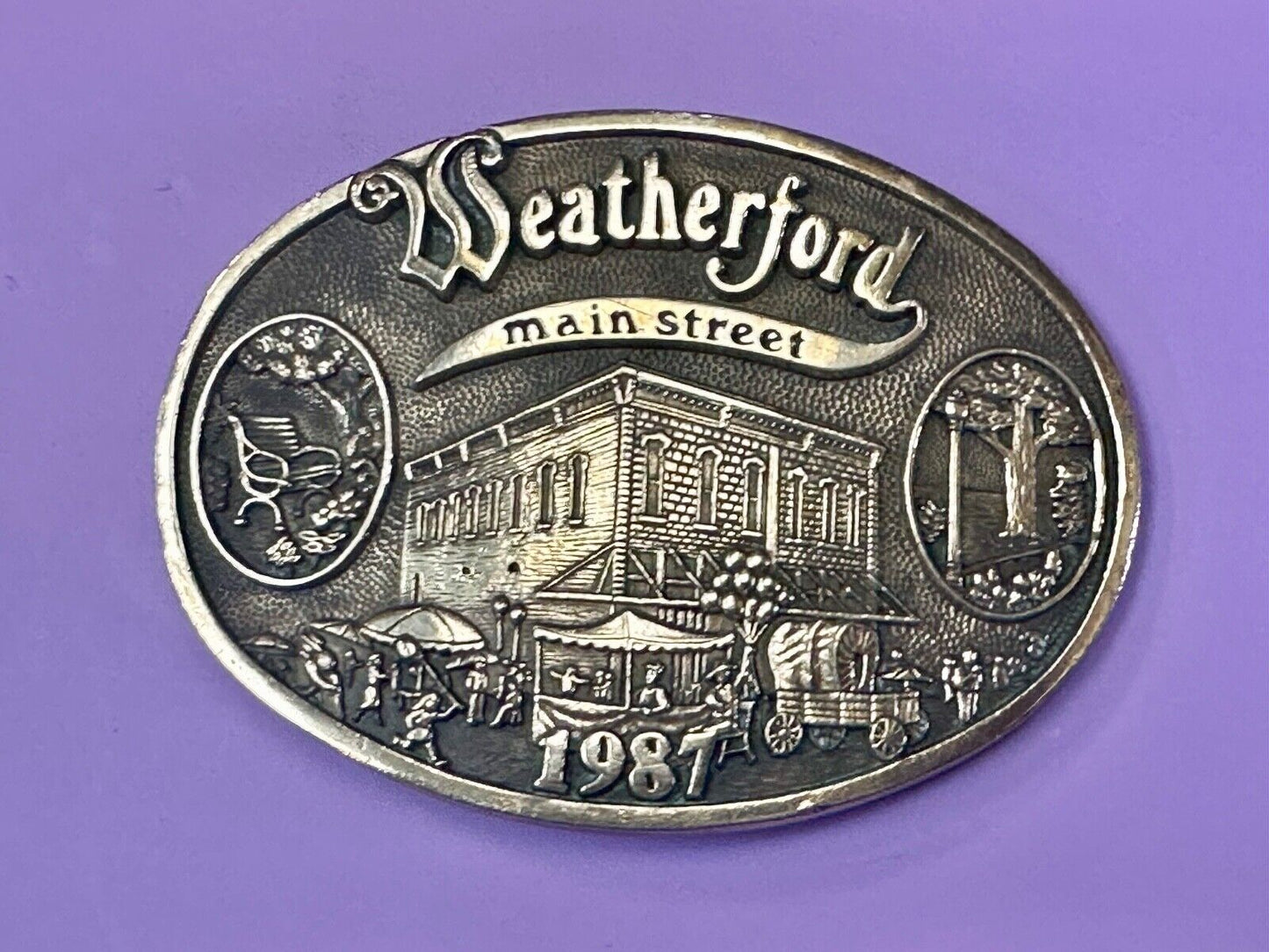 Texas Weatherford Main Street - vintage 1987 LIMITED ADM solid brass belt buckle