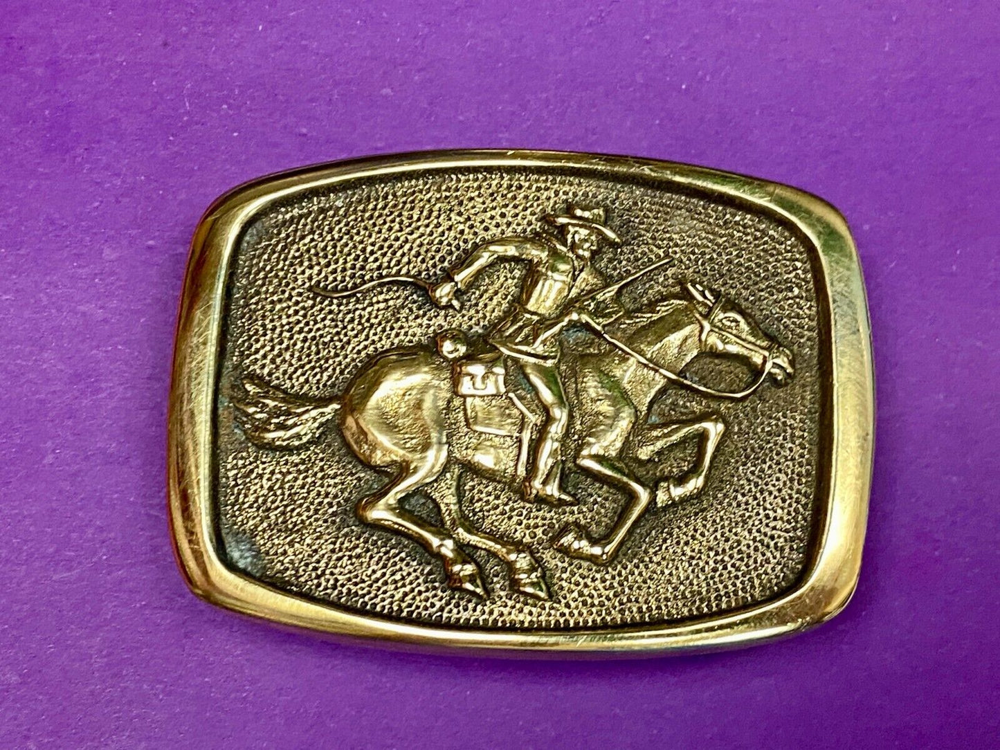 Vintage 1978 Horseback Rider Cowboy Bank Robber Solid Brass Belt Buckle By BTS