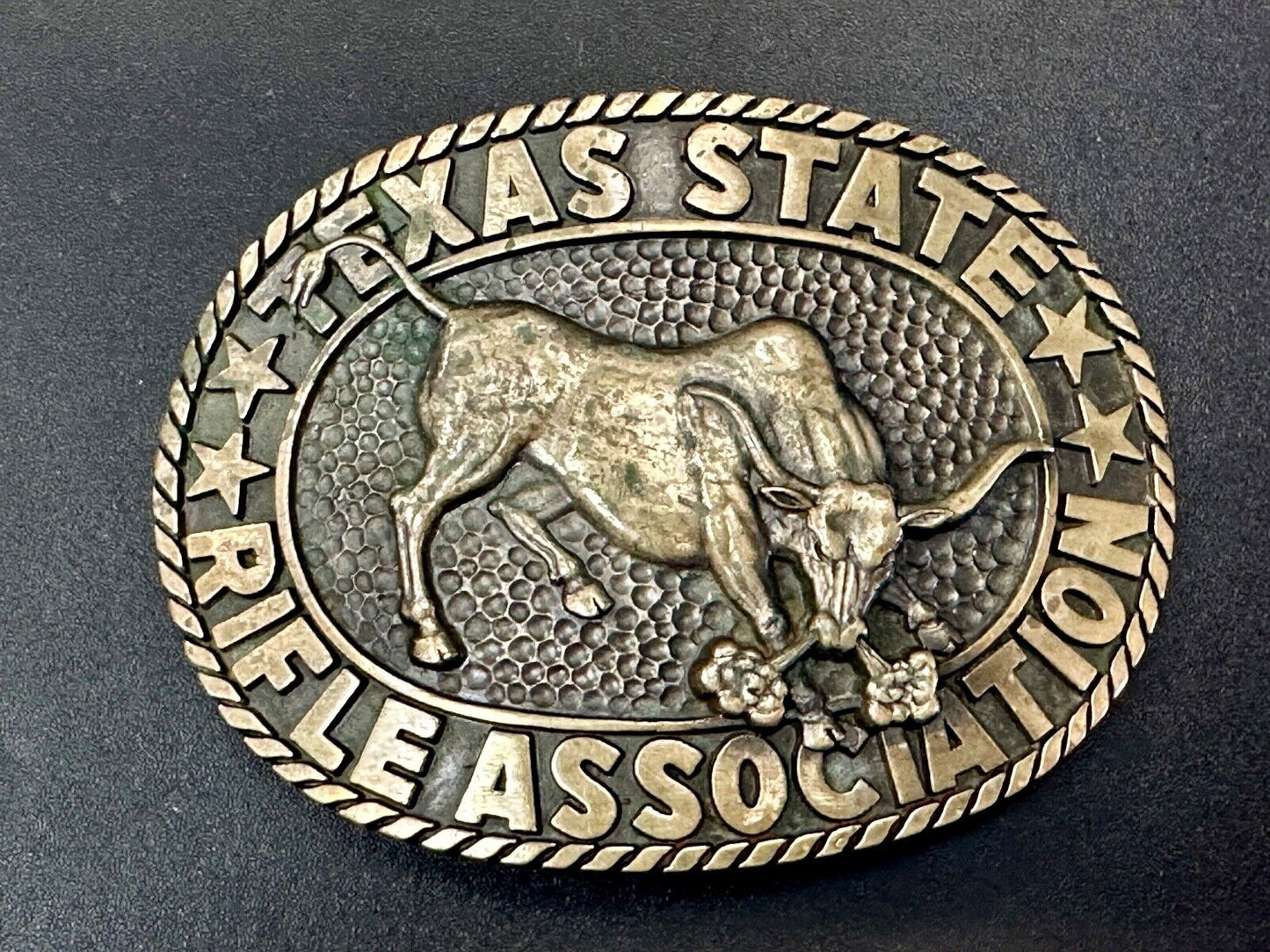 Texas State Rifle Association Charging longhorn Hunting Norman Co. belt buckle