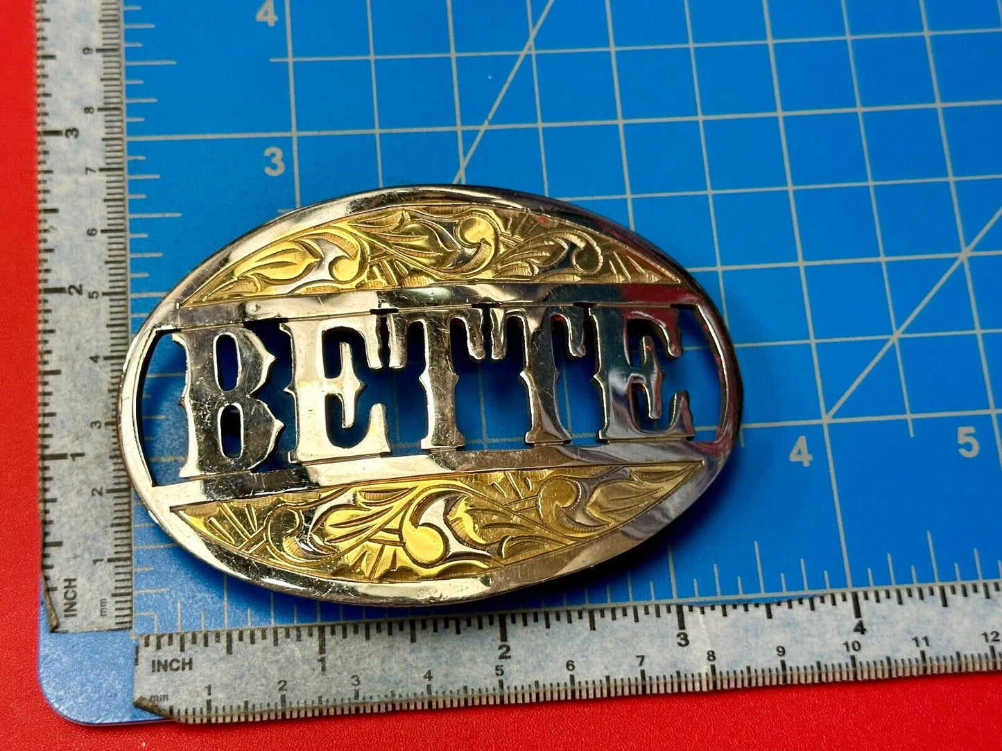 BETTE - custom name on western two tone cutout see through vintage belt buckle