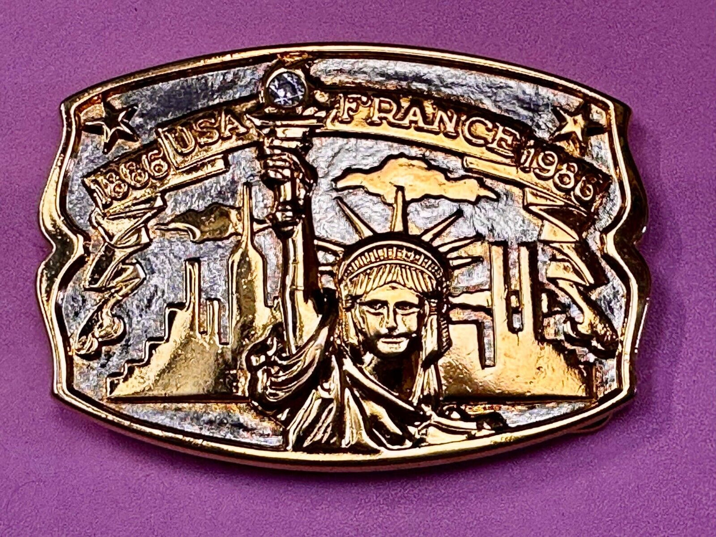 USA France Lady Liberty Statue Commemorative two tone Hammond Mint Belt Buckle