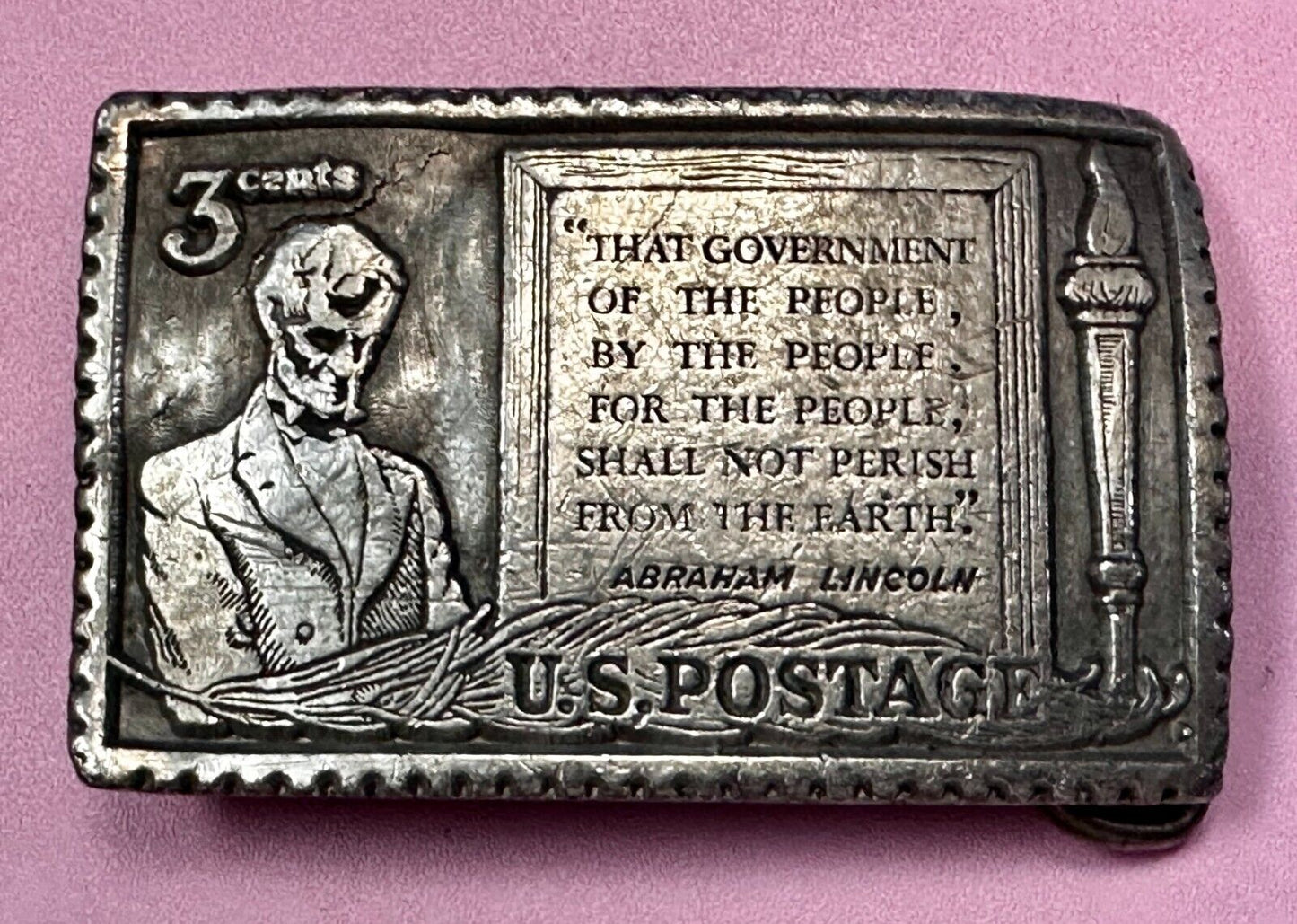 3 Cent Honest Abe Lincoln Stamp Collectors USA Patriotic Pewter Belt Buckle