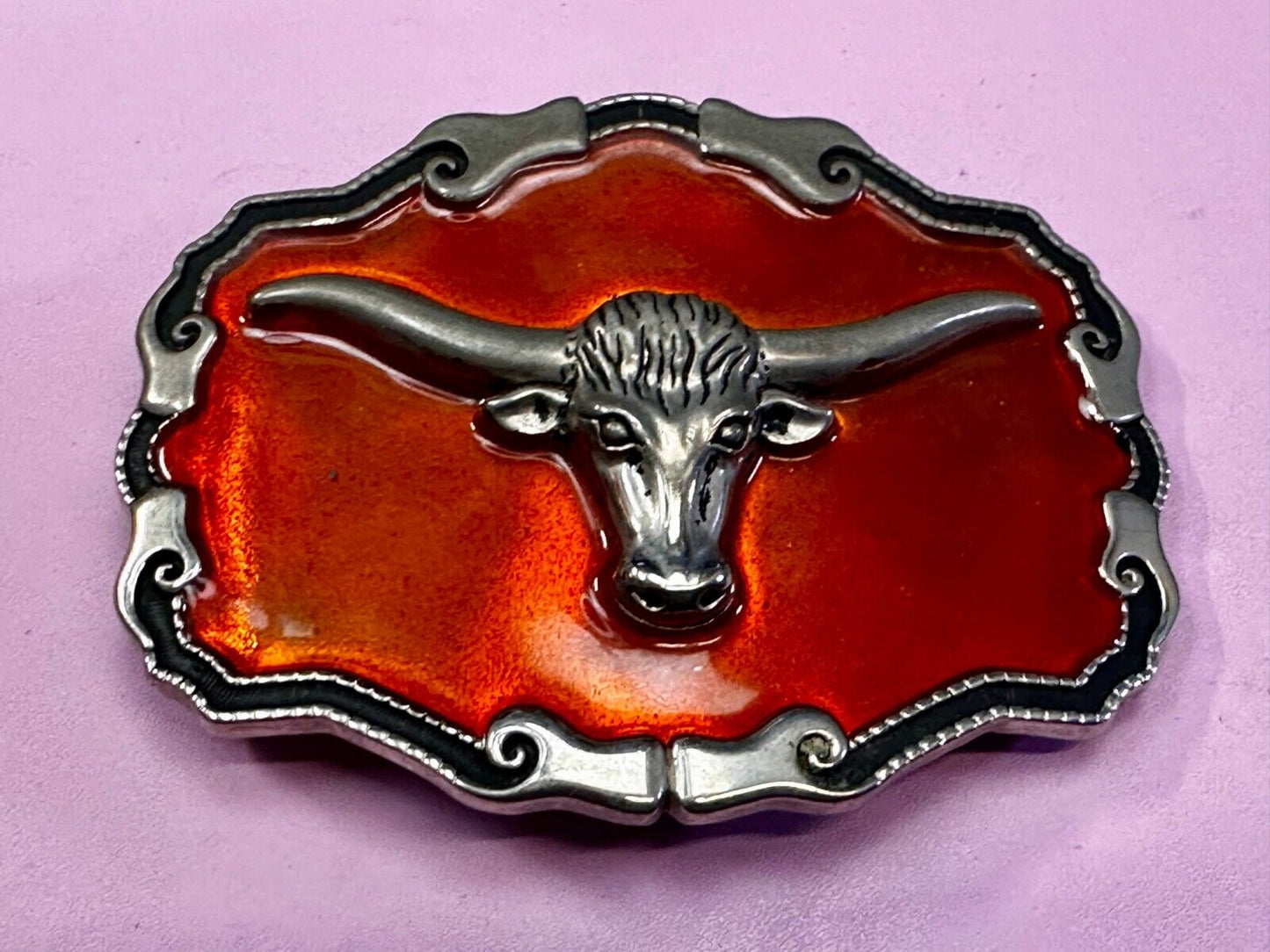 Texas Longhorn Cow Head Steer Orange Enameled Western Cowboys Rodeo Belt Buckle