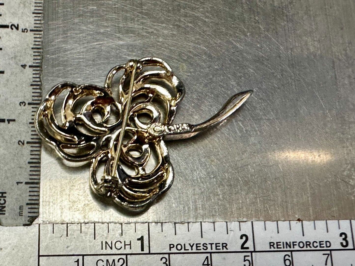 Three Leaf Clover Flower Openwork Gold Tone Brooch Pin Signed by Sarah Coventry
