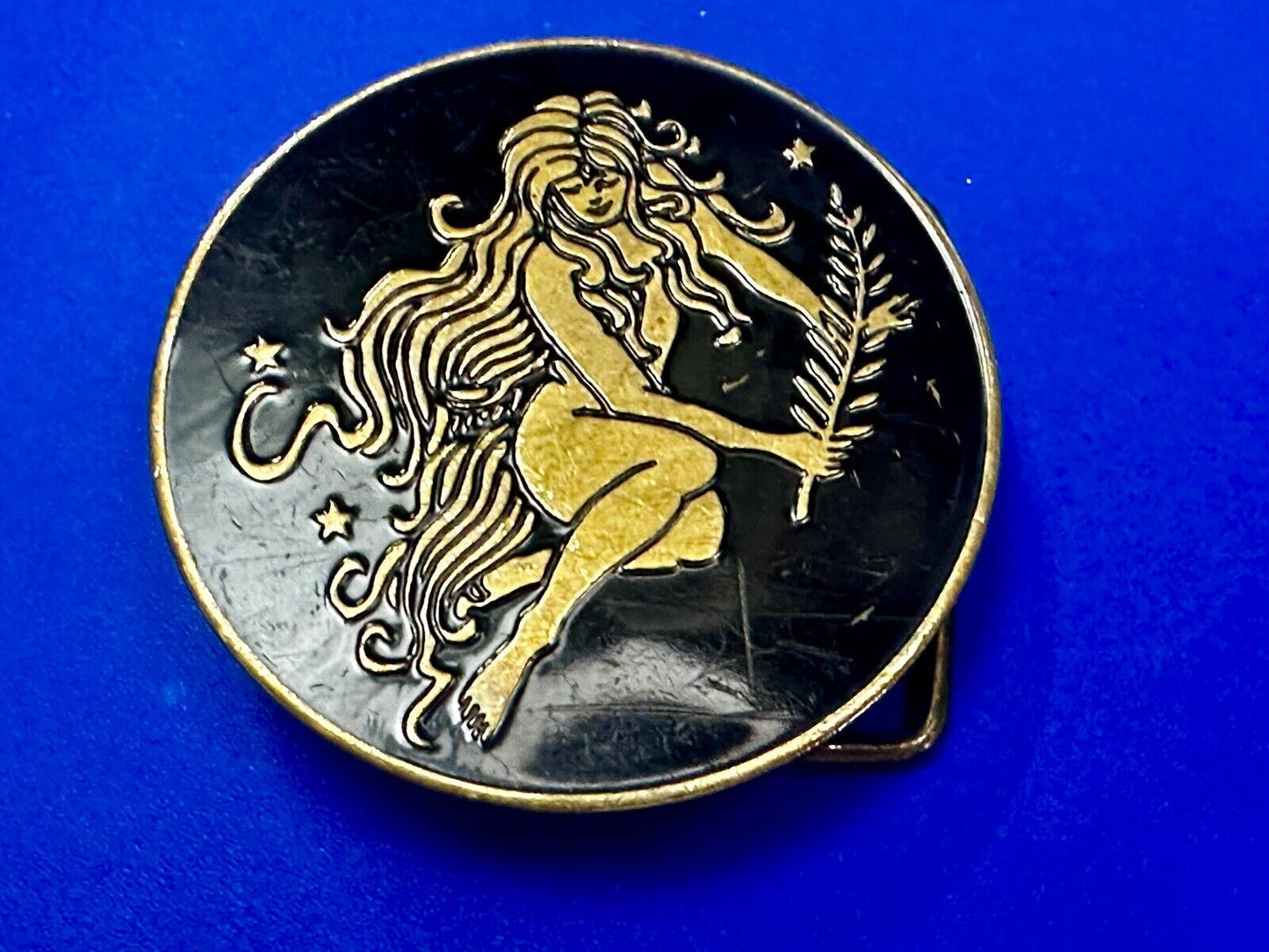 Beautiful Woman Stars Long Hair Hippie Boho Round Solid Brass Baron Belt Buckle