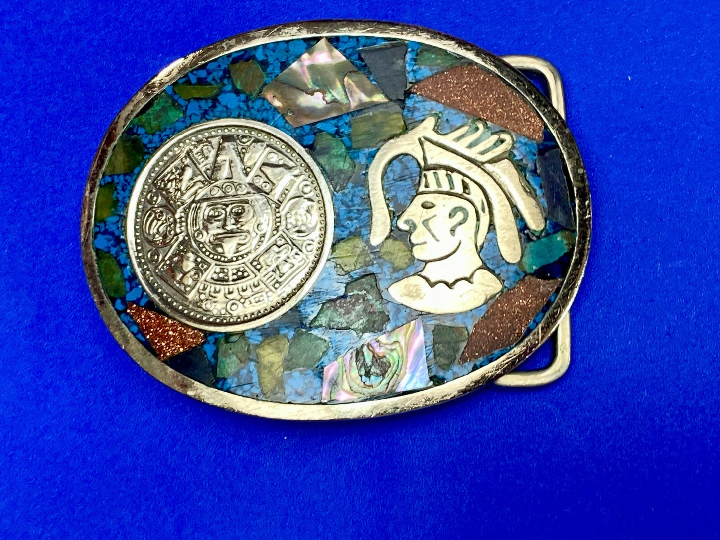Aztec Mayan Calendar Coin Turquoise Inlay Mexico Sterling Silver Belt Buckle