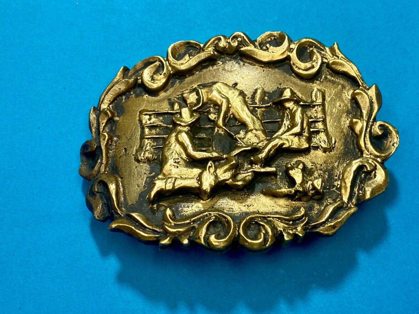 Three Cowboys Roping calf on the farm SOLID BRASS western belt buckle