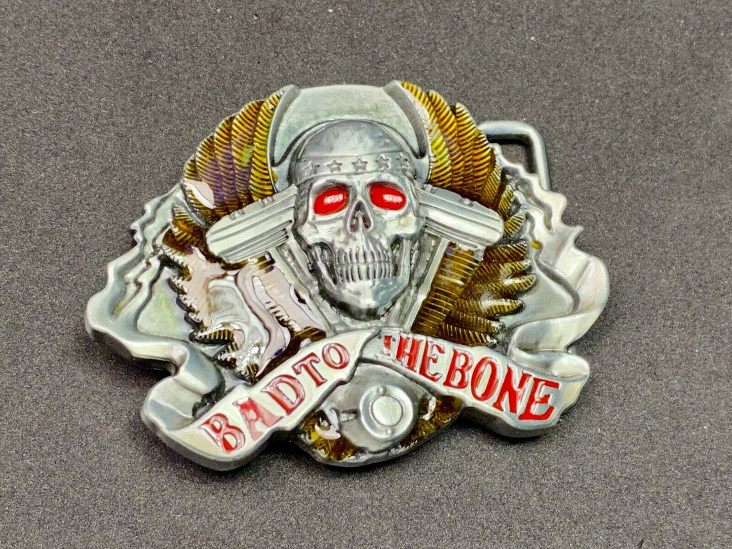 Bad to the bone - Red eyes Bikers Motorcycle Riders skull and wings belt buckle