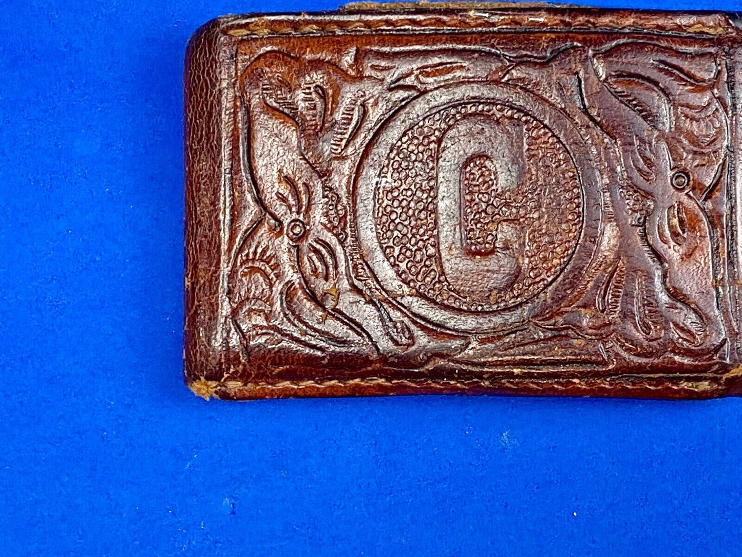 Vintage Leather stitched initial letter monogram C belt buckle
