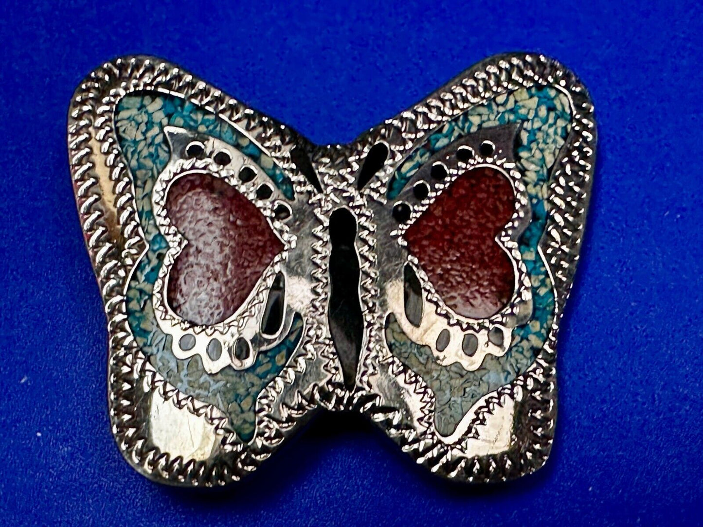 Beautiful Butterfly Figural Turquoise Coral Chips Inlay Cutout 3" Belt Buckle