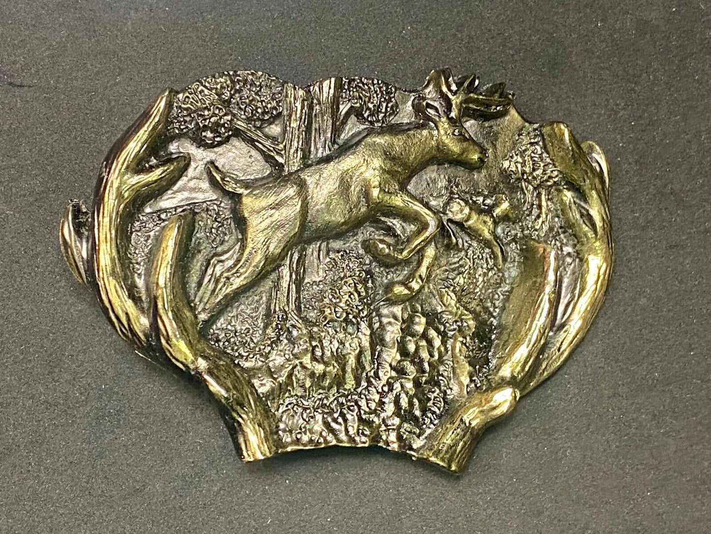 3D Buck Deer & Doe in woods - Vintage Belt Buckle 1982 Great American Buckle Co.