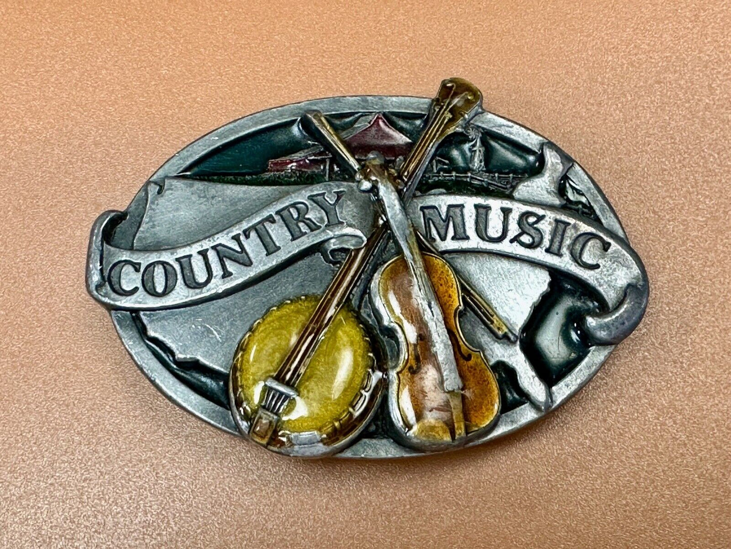 Vintage Enameled Country Music Guitar Fiddle - Bergamot Brass works Belt Buckle