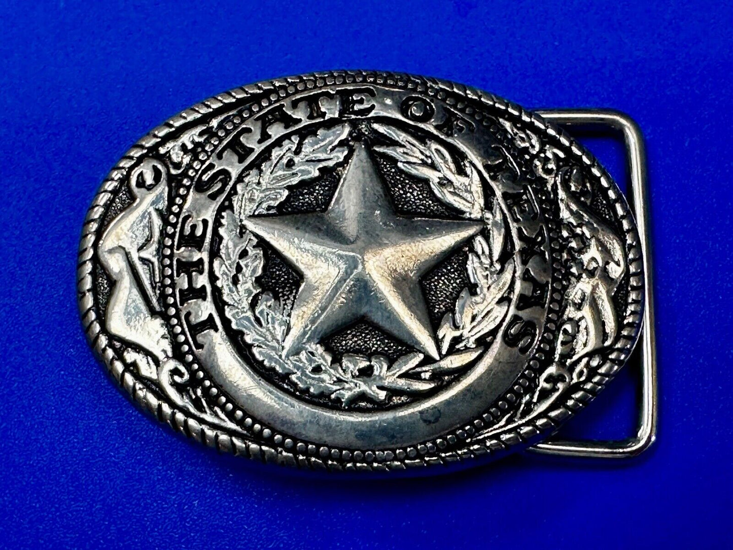 The Great State of Texas Star Flag Theme Vintage Silver tone western Belt Buckle