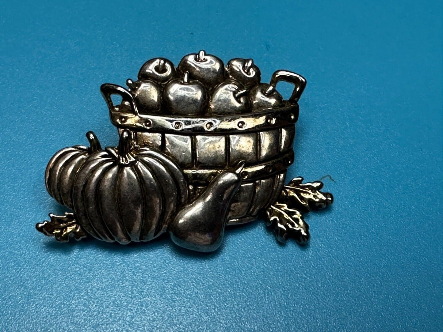 Apple Basket Pumpkin Fall Harvest Autumn Vintage Brooch Pin Signed by MJ