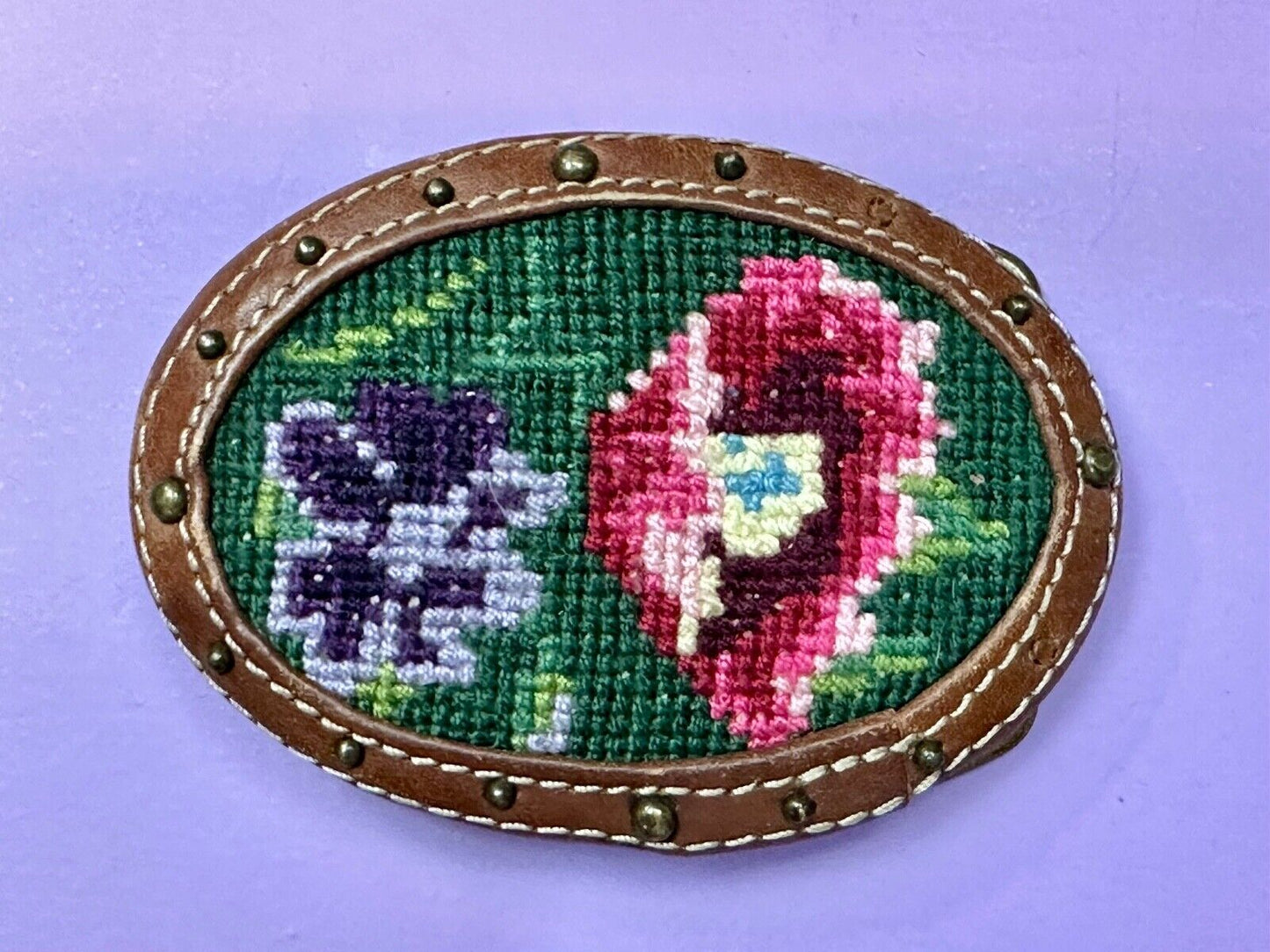 Beautiful Flowers Artisan cross-stitched on brown leather Vintage Belt Buckle