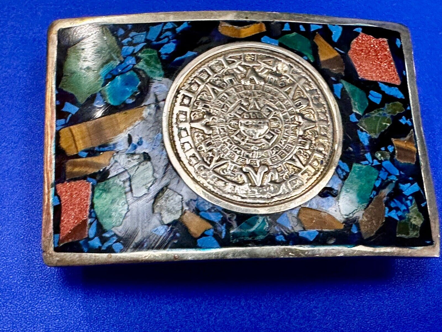 Aztec Mayan Calendar Sun God Face Turquoise Multi Stone Chip Inlay Belt Buckle