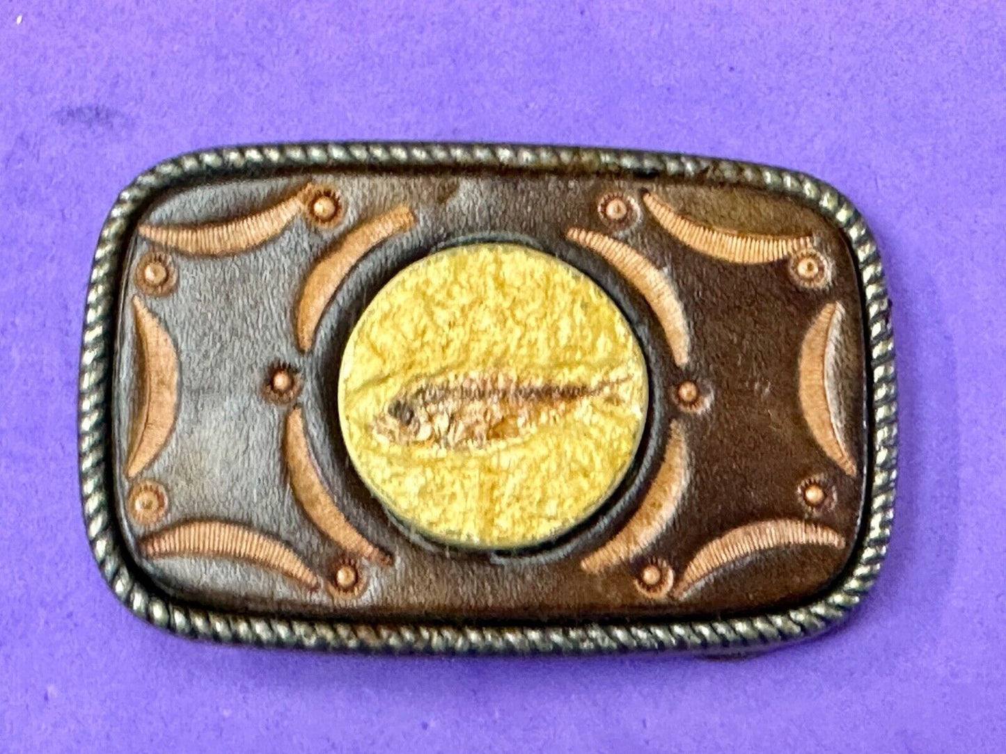 Unique artisan FISH drawing as centerpiece belt buckle - faux? leather backing