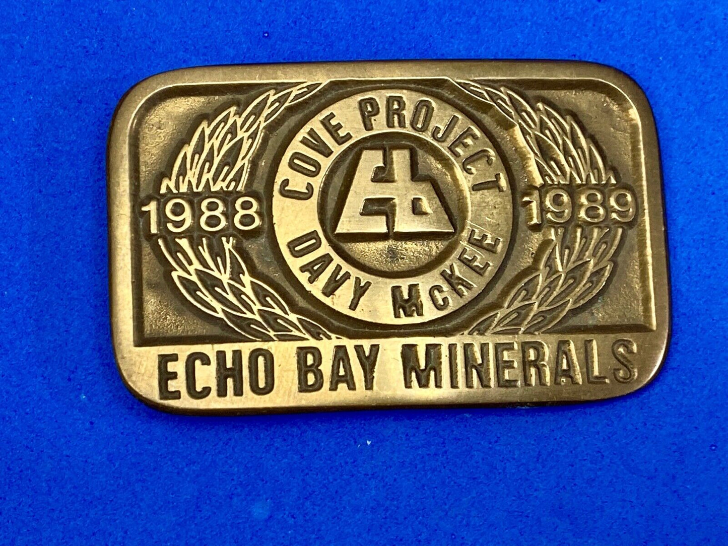 Vintage 1989 **ECHO BAY MINERALS** COVE PROJECT MINING SOLID BRASS BUCKLE
