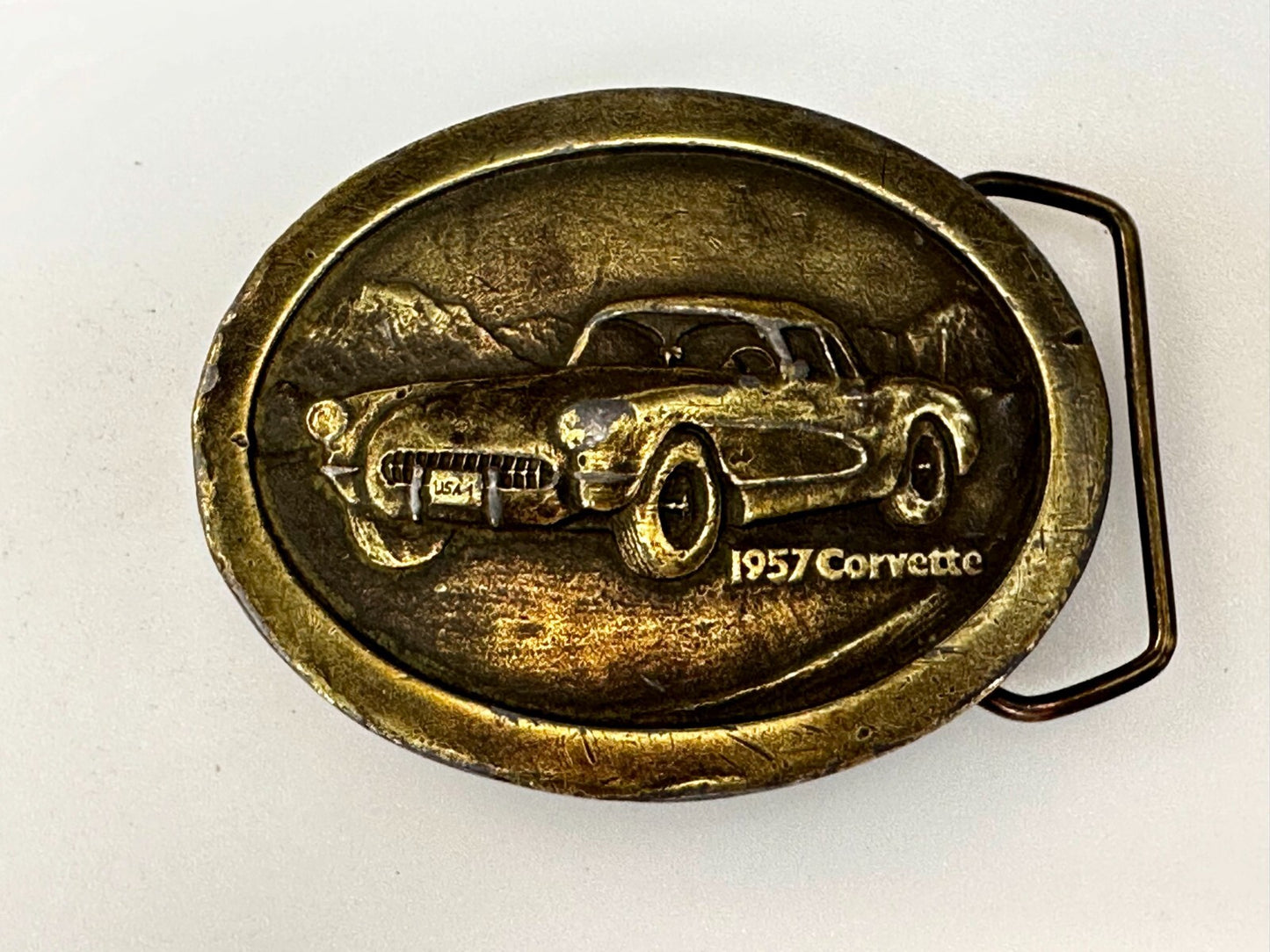1957 Corvette Chevy Car Collector Brass Tone Indiana Metal Craft Belt Buckle
