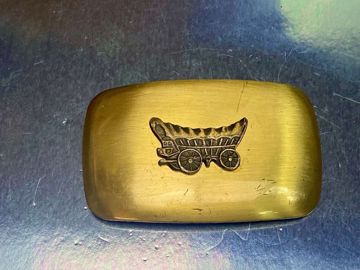 Vintage Covered Wagon Mixed Metal Western Cowboys Belt Buckle By Chambers