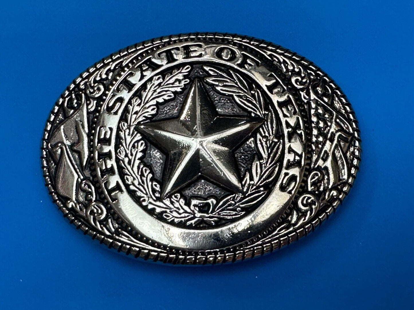 The Great State of TEXAS Star Flag Olive Branch Silver color oval Belt Buckle