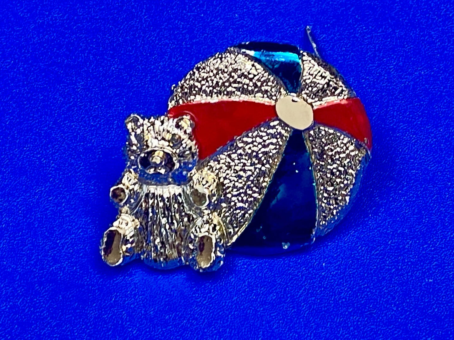 Teddy Bear with Beach Ball Vintage Blue Red Enamel Signed Brooch Pin
