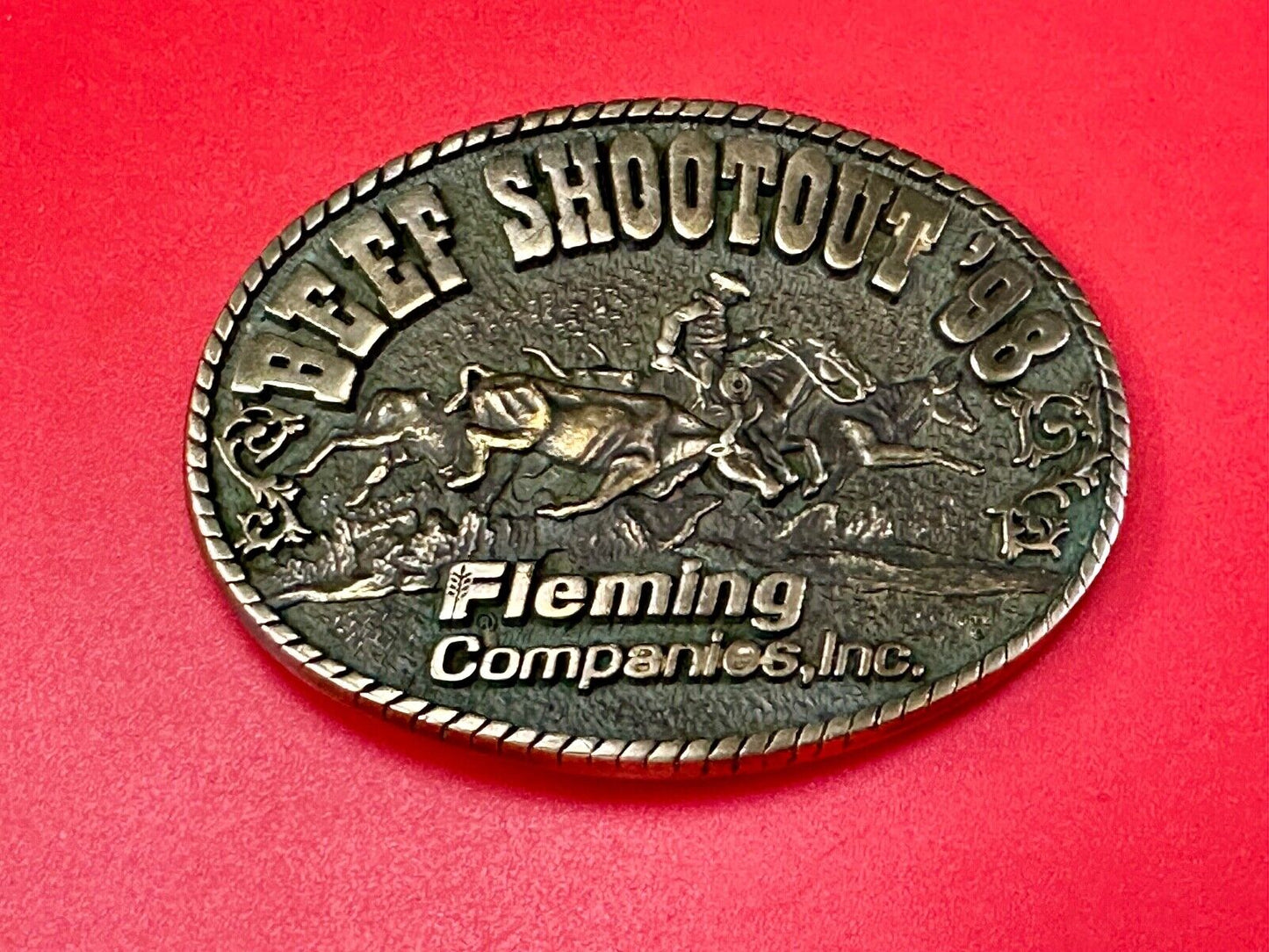 Beef Shootout 1998 Fleming Companies Inc Rodeo vintage ADM belt buckle