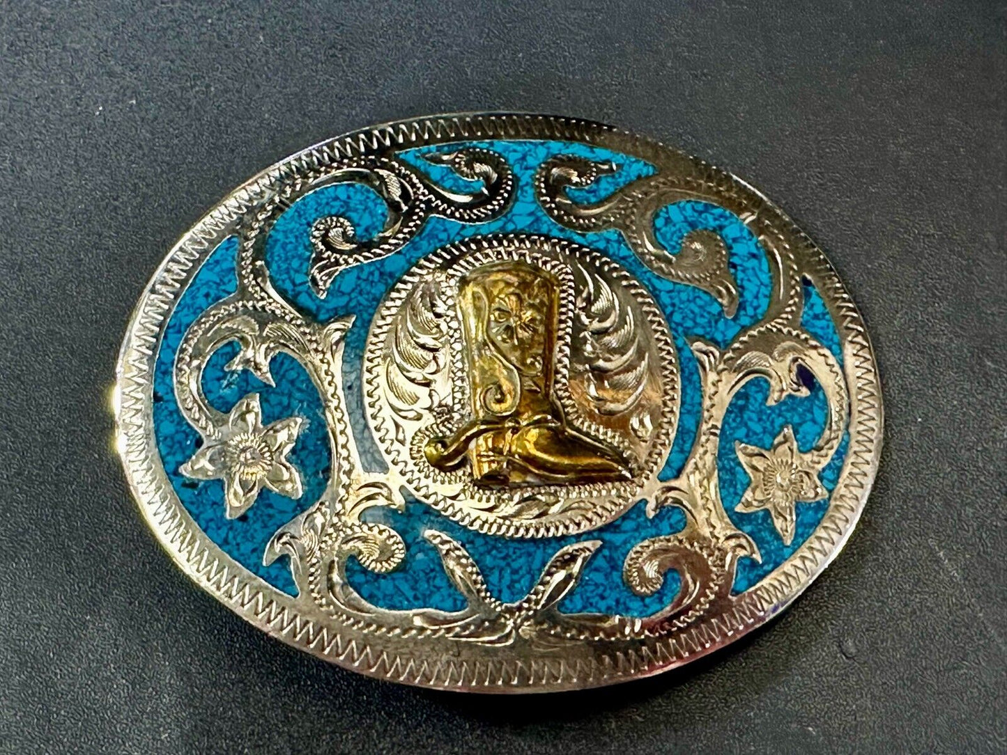 Beautiful Swirl Flower Cowboy Cowgirl Boots Western Ornate Vintage Belt Buckle