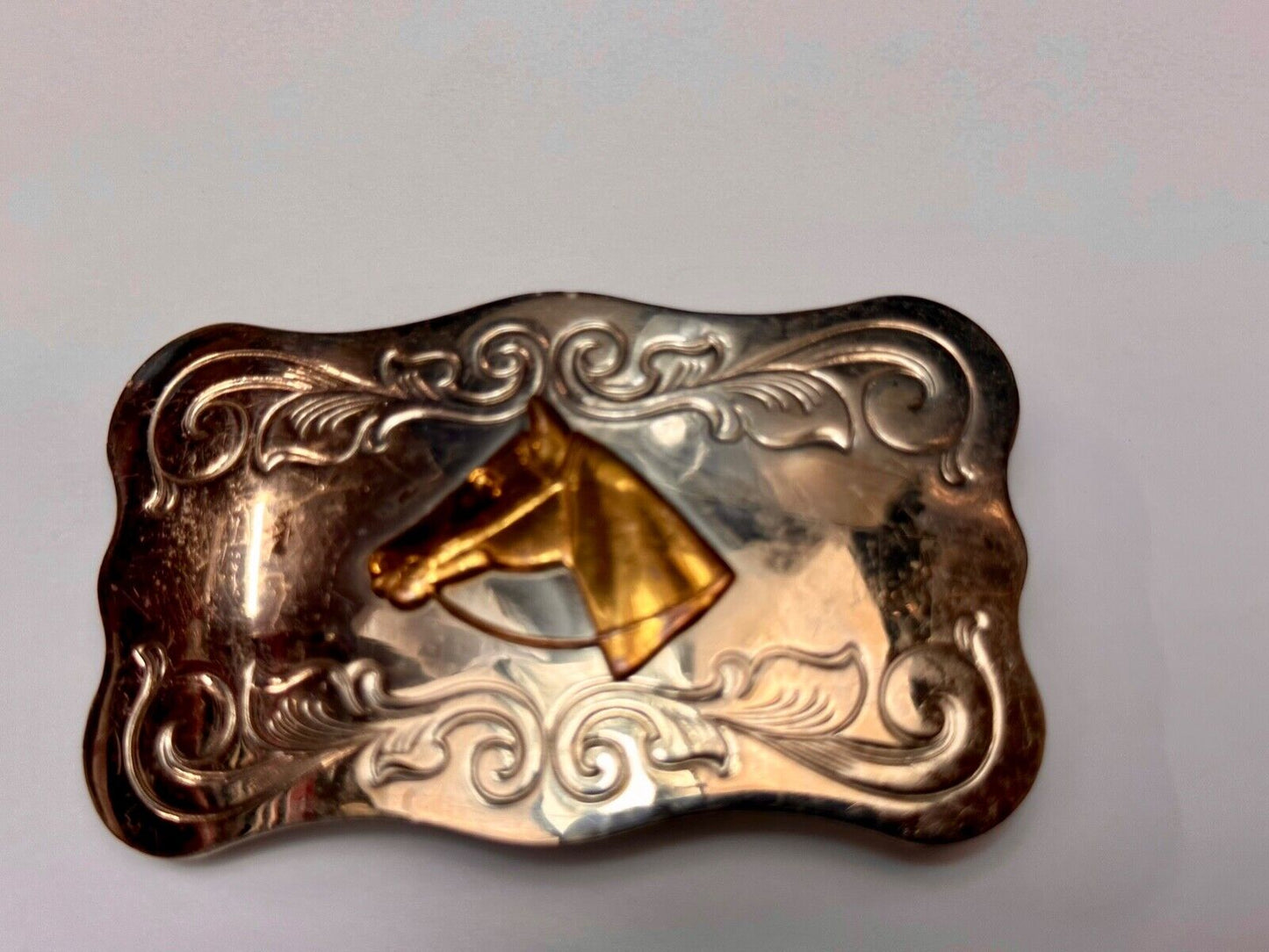 Vintage Chambers nickel silver Horse head centered on western belt buckle