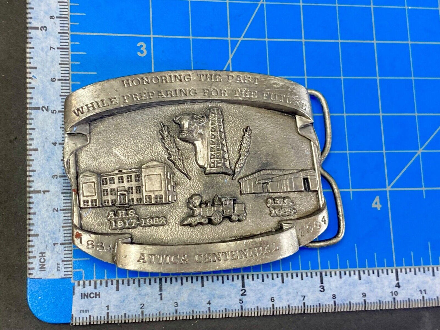 Vintage 1984 Attica Kansas KS Centennial OIL TRAIN SCHOOL HOUSE belt buckle