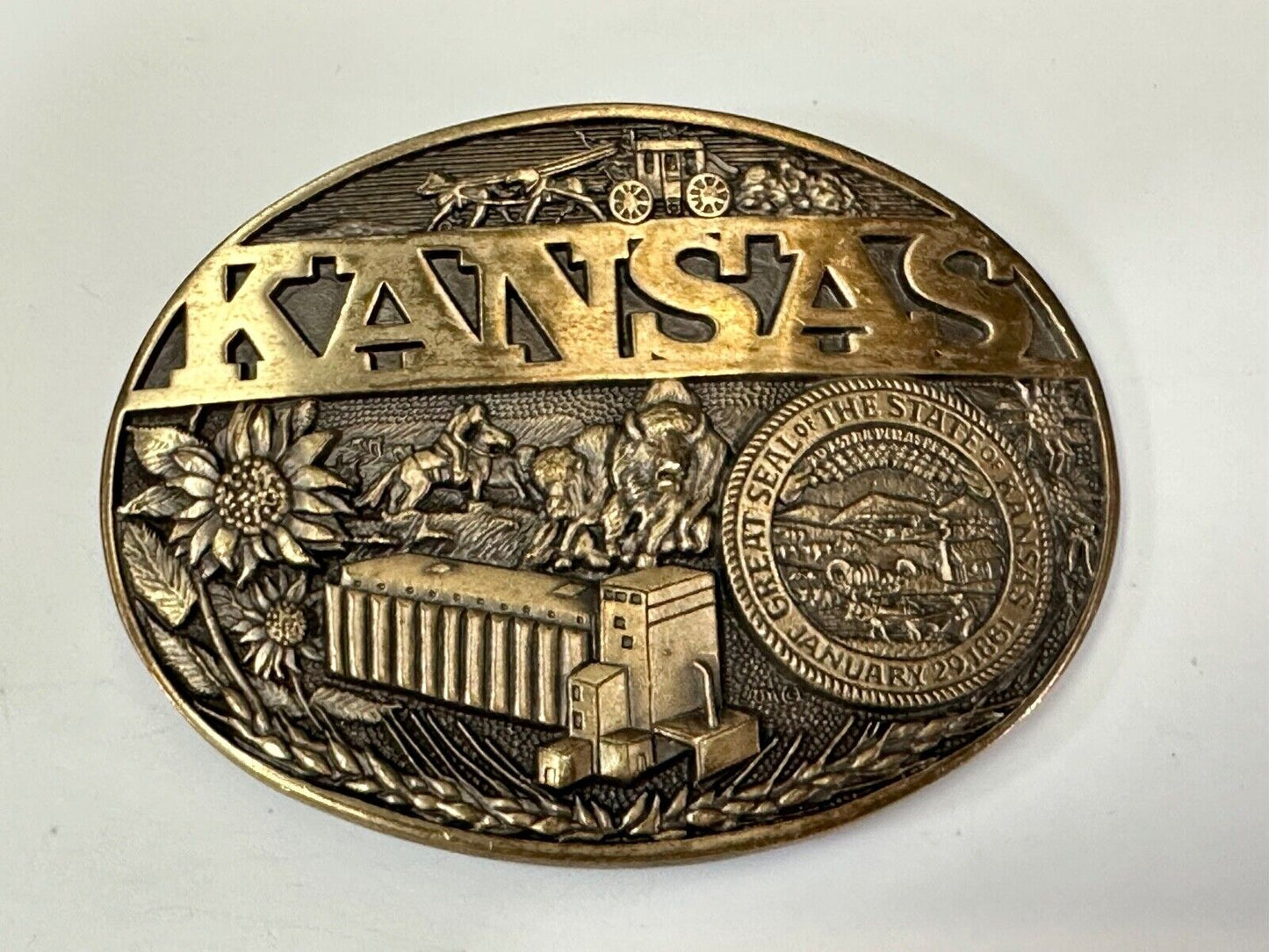 The Great State of Kansas Vintage Solid Brass ADM Belt Buckle