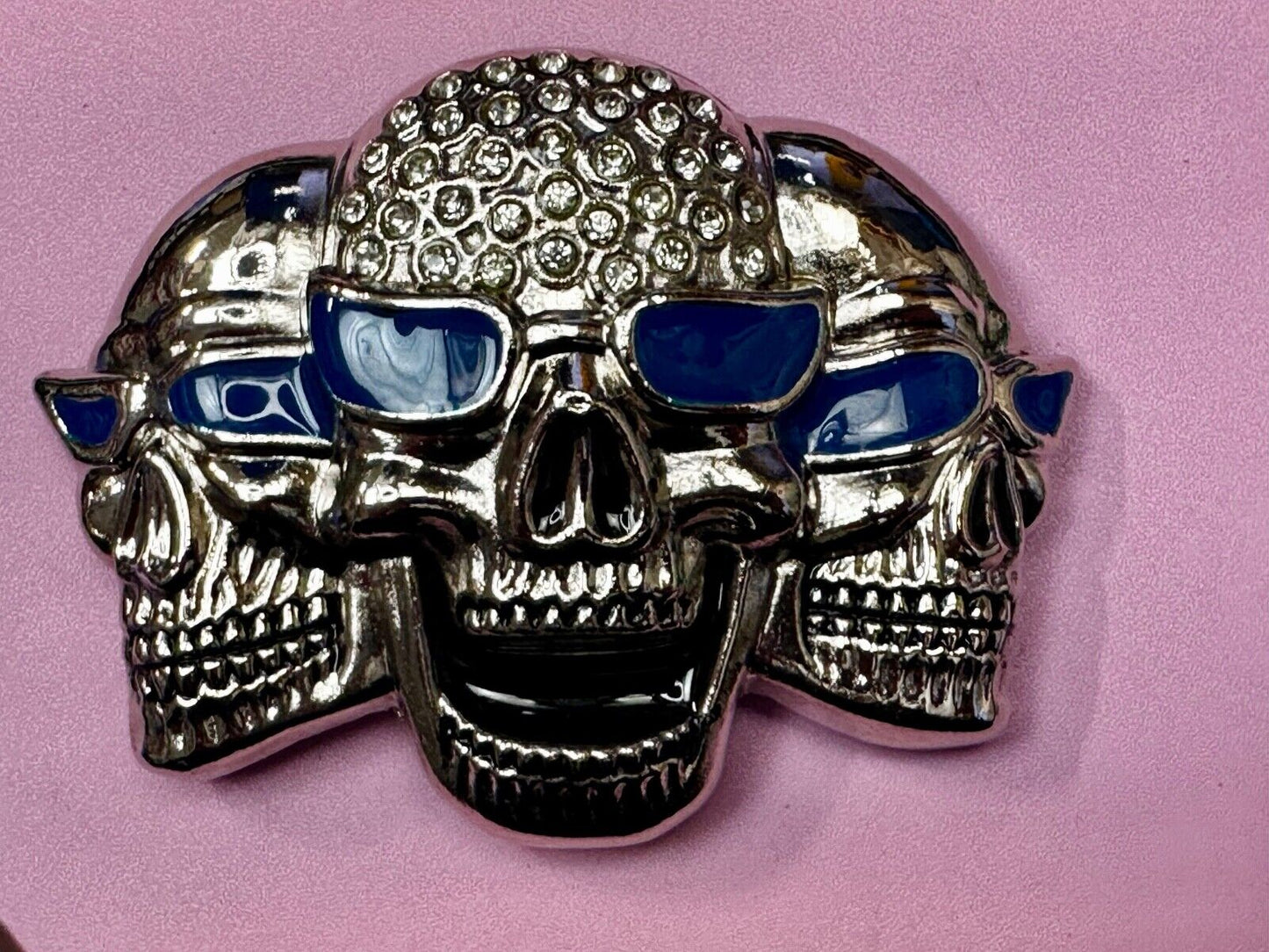 Three Skull's Heads Rhinestone Accented W/ Blue Shades Silver Tone Belt Buckle