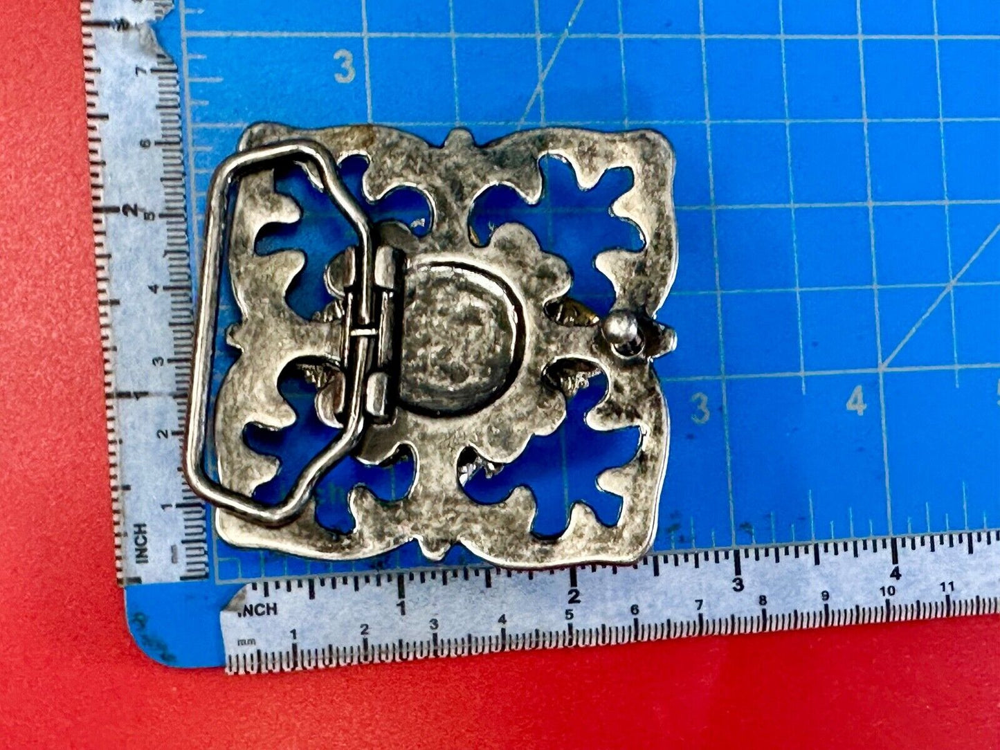 Artisan unique rhinestone mixed media see through silver tone belt buckle