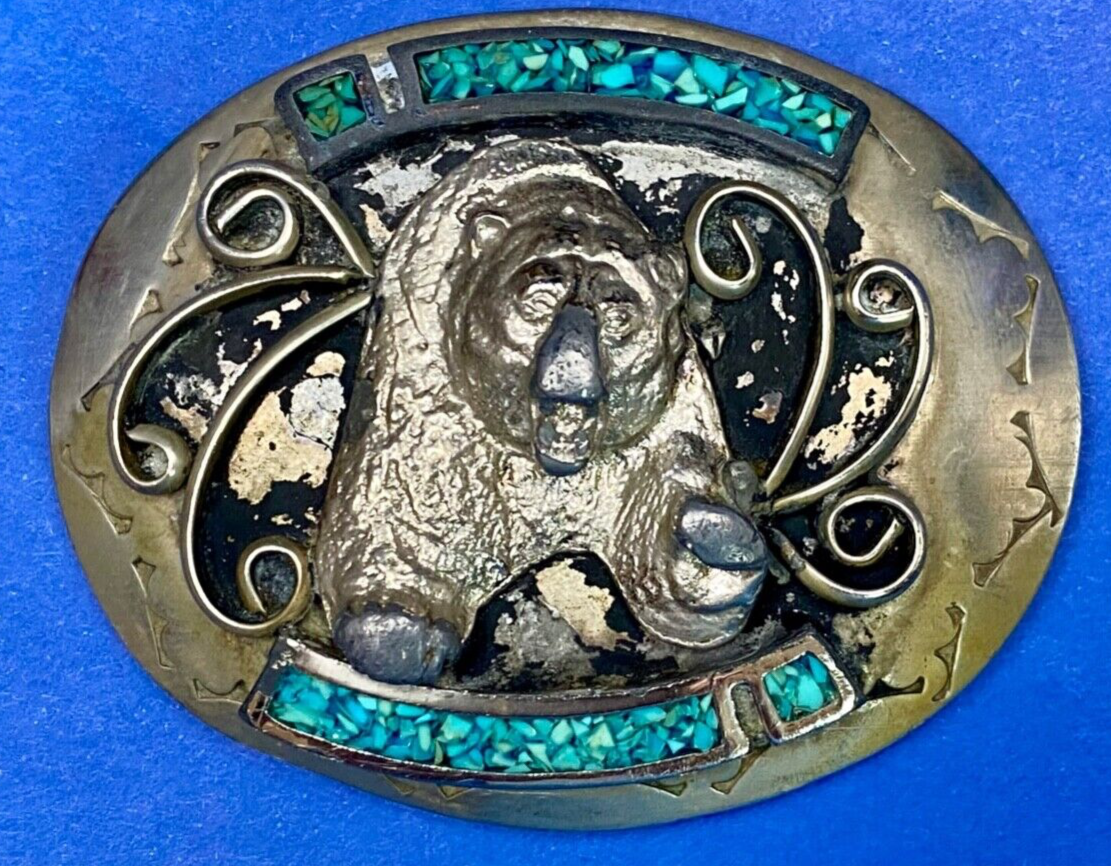 Bear Coming At You! Crushed Turquoise Belt Buckle - Hallmarked Nc? Navajo?